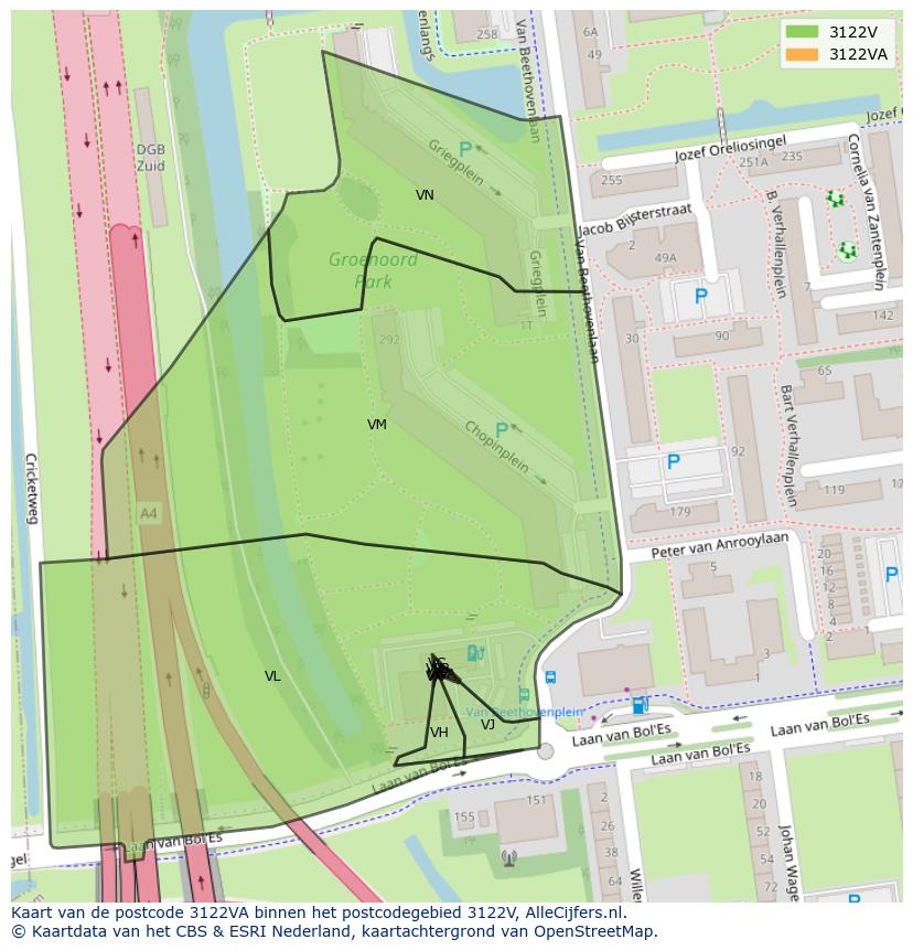Afbeelding van het postcodegebied 3122 VA op de kaart.