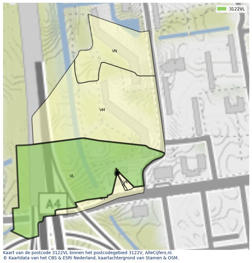 Afbeelding van het postcodegebied 3122 VL op de kaart.