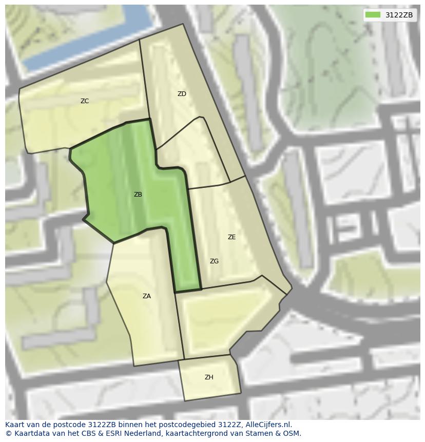 Afbeelding van het postcodegebied 3122 ZB op de kaart.