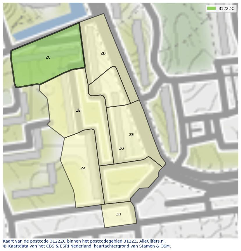 Afbeelding van het postcodegebied 3122 ZC op de kaart.