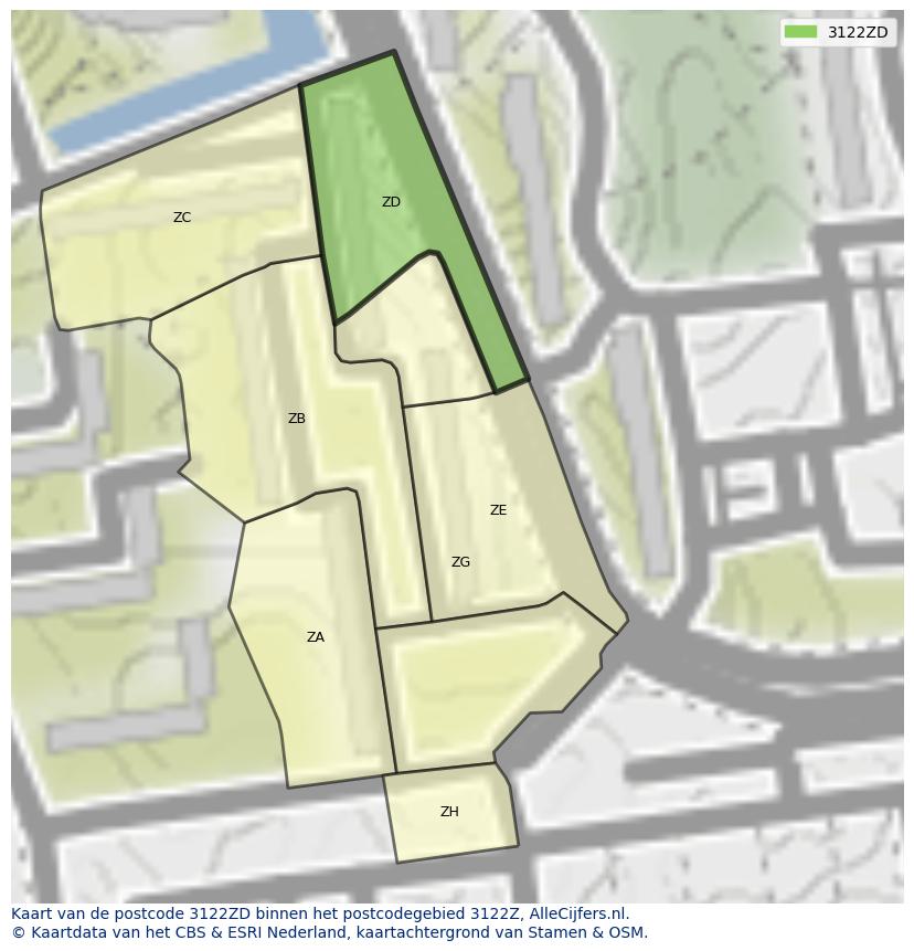 Afbeelding van het postcodegebied 3122 ZD op de kaart.