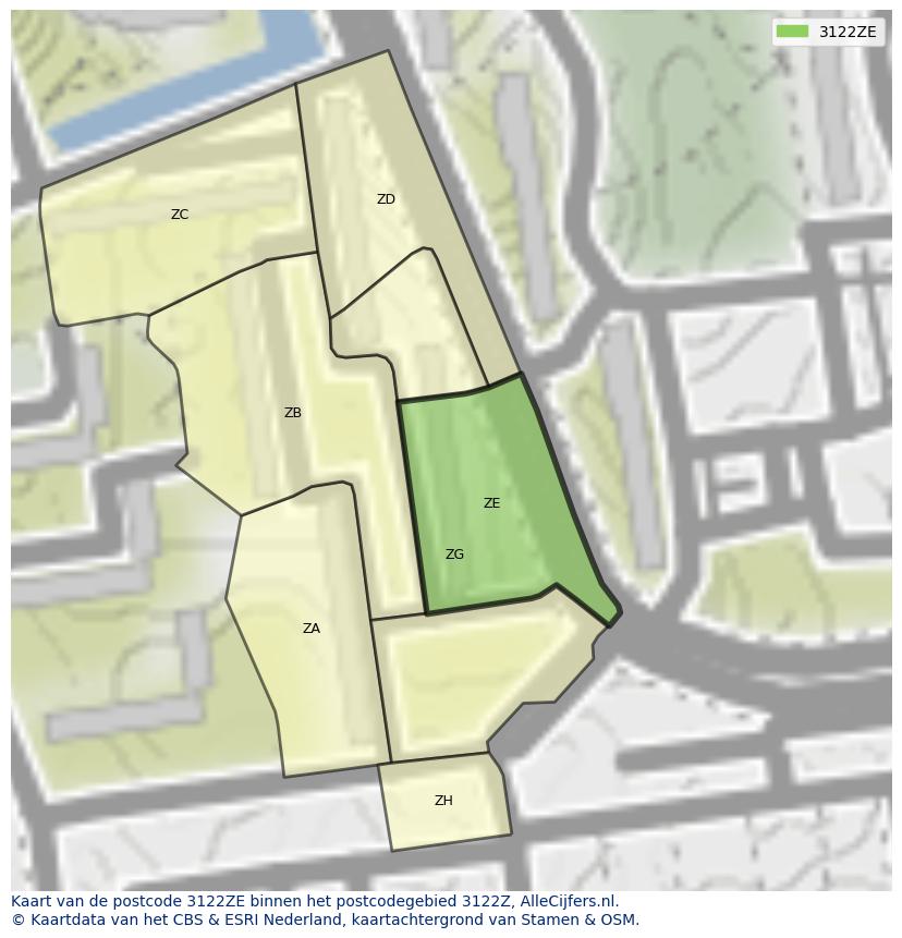 Afbeelding van het postcodegebied 3122 ZE op de kaart.