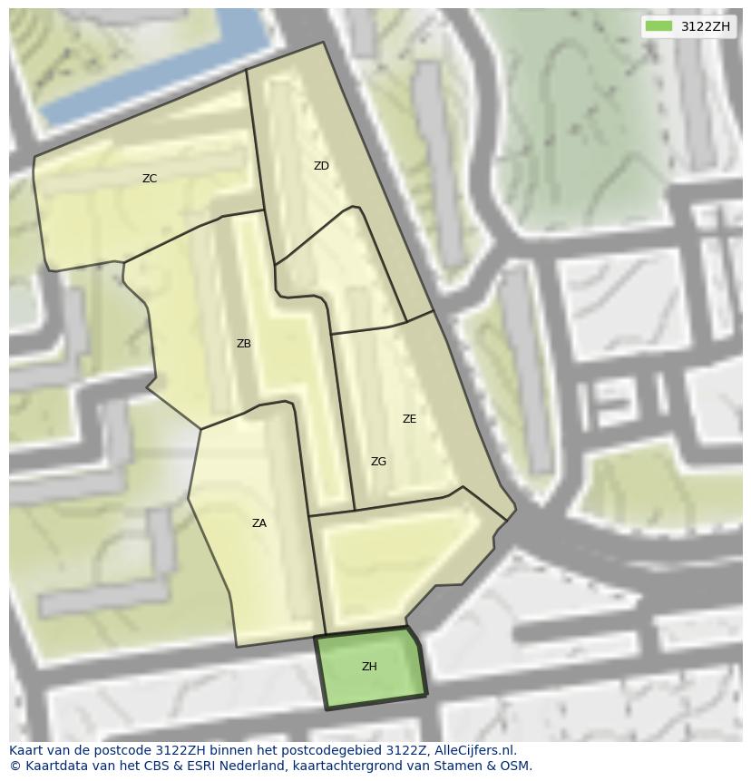 Afbeelding van het postcodegebied 3122 ZH op de kaart.