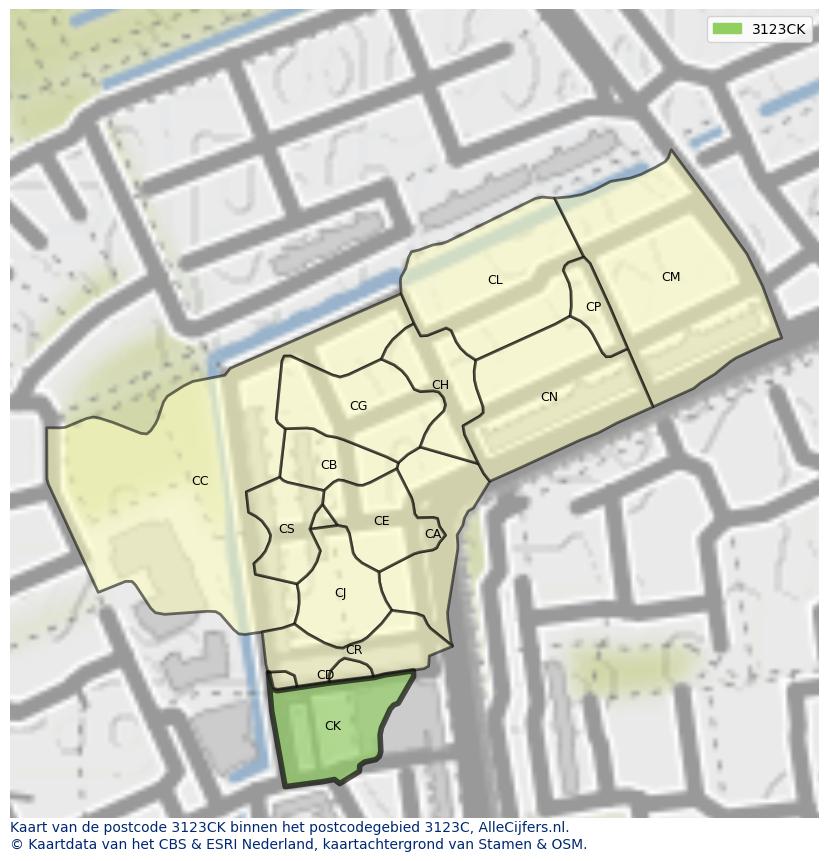 Afbeelding van het postcodegebied 3123 CK op de kaart.