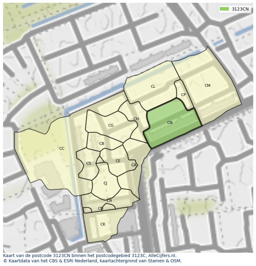 Afbeelding van het postcodegebied 3123 CN op de kaart.