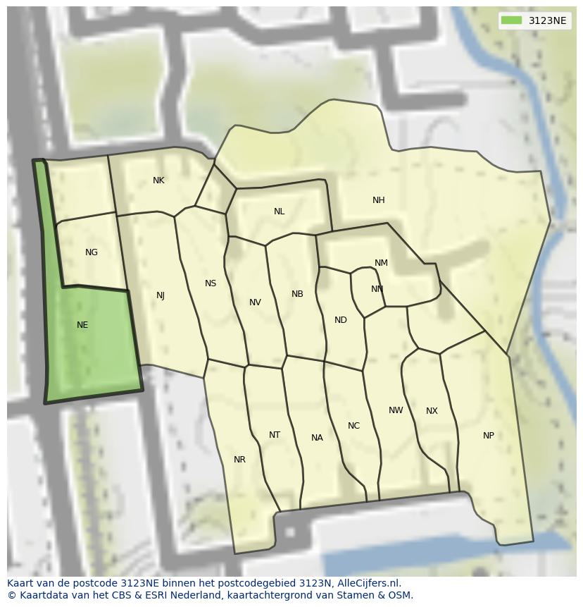 Afbeelding van het postcodegebied 3123 NE op de kaart.