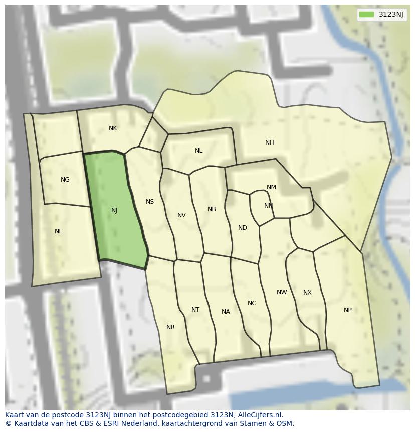 Afbeelding van het postcodegebied 3123 NJ op de kaart.