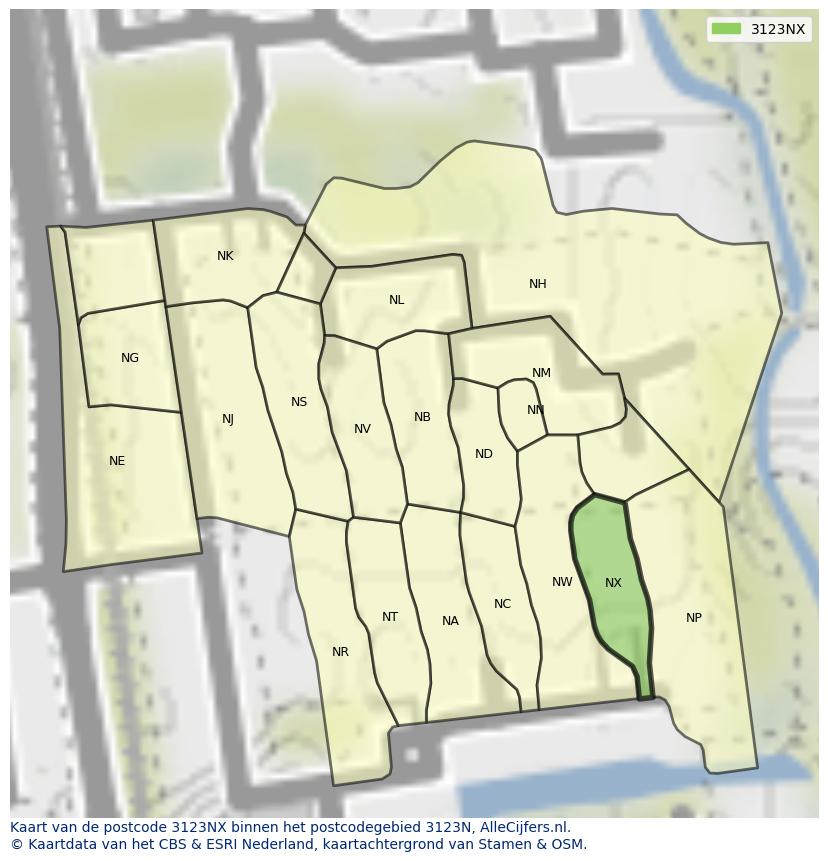 Afbeelding van het postcodegebied 3123 NX op de kaart.