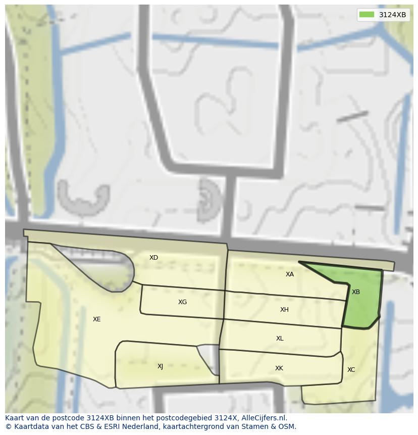 Afbeelding van het postcodegebied 3124 XB op de kaart.