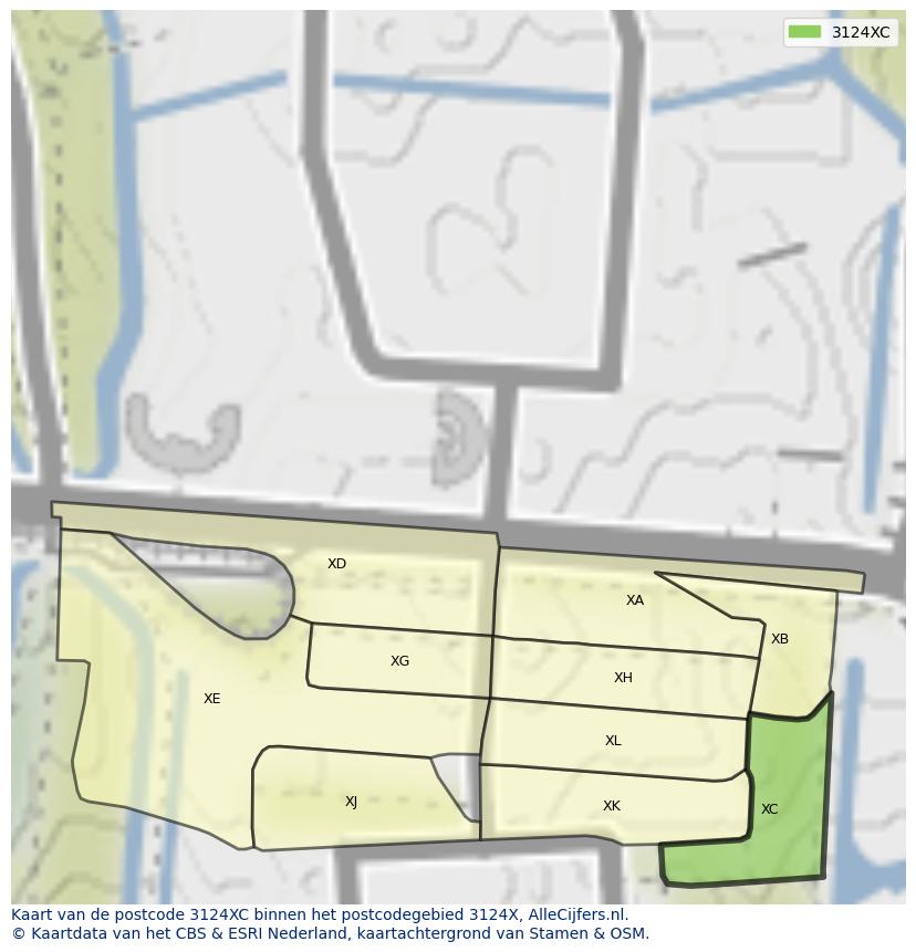 Afbeelding van het postcodegebied 3124 XC op de kaart.