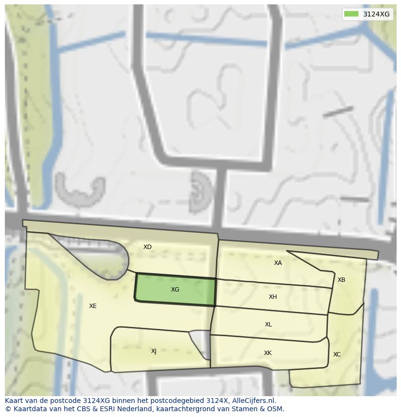 Afbeelding van het postcodegebied 3124 XG op de kaart.