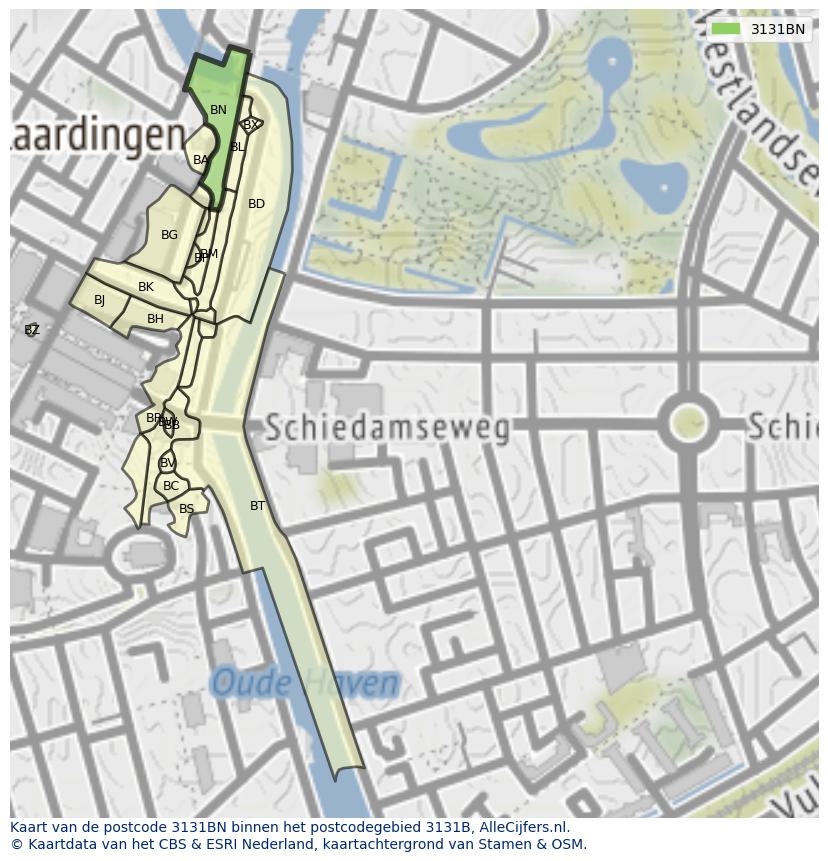Afbeelding van het postcodegebied 3131 BN op de kaart.
