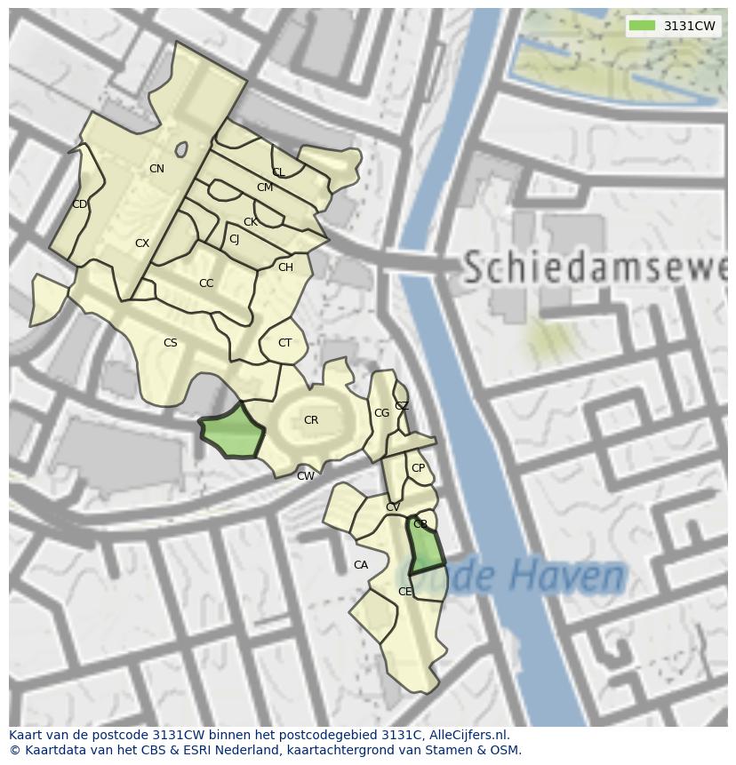 Afbeelding van het postcodegebied 3131 CW op de kaart.