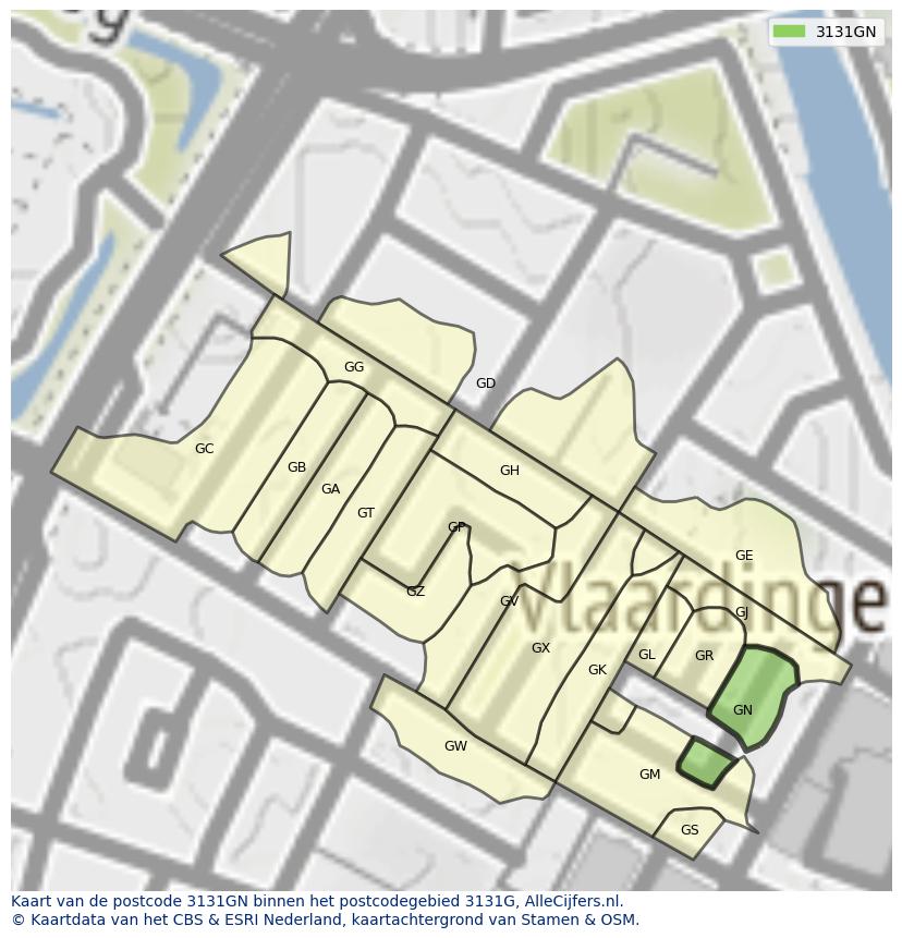 Afbeelding van het postcodegebied 3131 GN op de kaart.