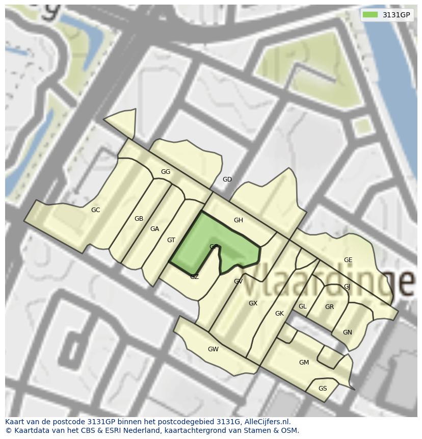 Afbeelding van het postcodegebied 3131 GP op de kaart.