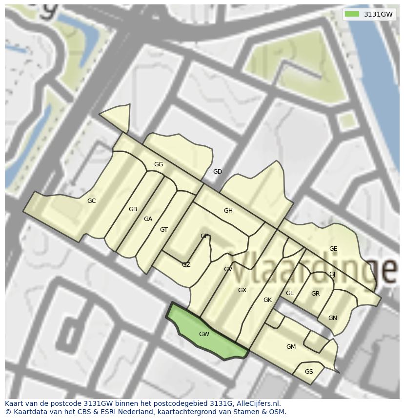 Afbeelding van het postcodegebied 3131 GW op de kaart.