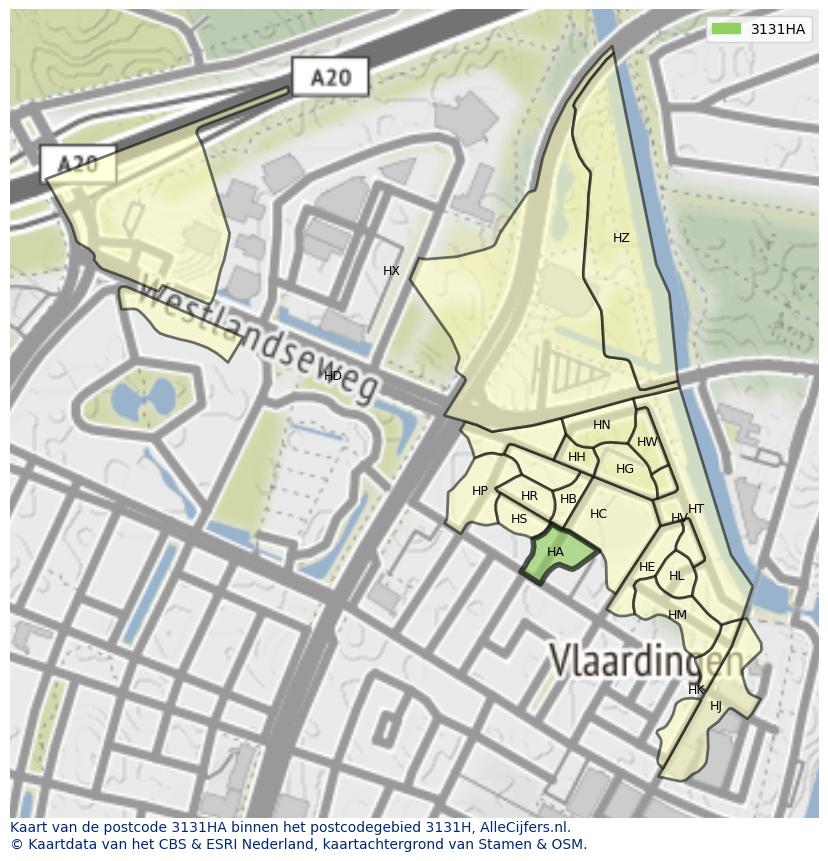 Afbeelding van het postcodegebied 3131 HA op de kaart.