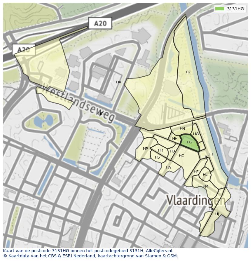 Afbeelding van het postcodegebied 3131 HG op de kaart.