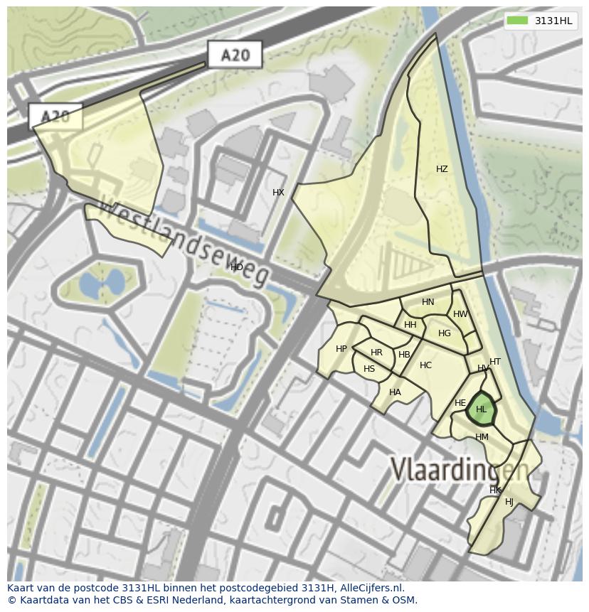 Afbeelding van het postcodegebied 3131 HL op de kaart.