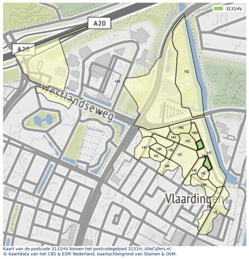 Afbeelding van het postcodegebied 3131 HV op de kaart.