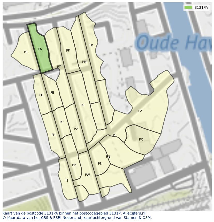 Afbeelding van het postcodegebied 3131 PA op de kaart.