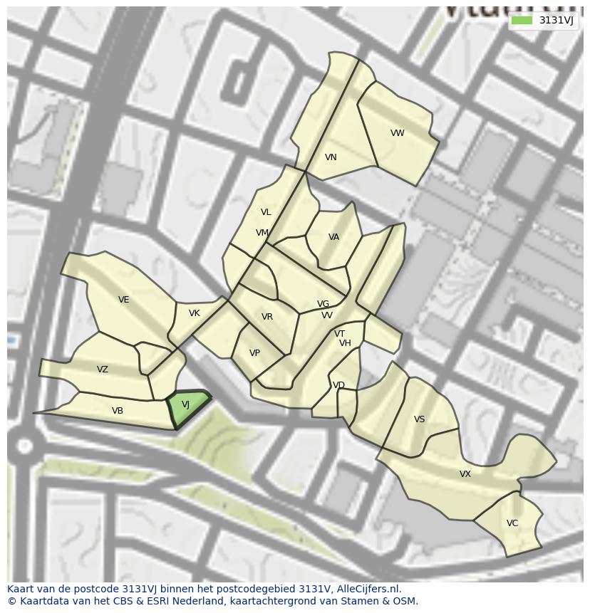 Afbeelding van het postcodegebied 3131 VJ op de kaart.