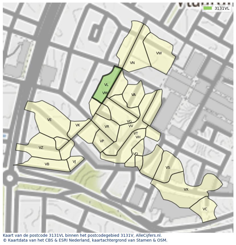 Afbeelding van het postcodegebied 3131 VL op de kaart.