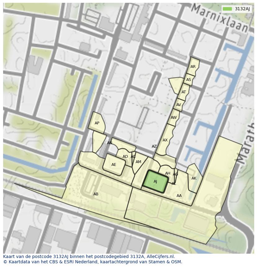 Afbeelding van het postcodegebied 3132 AJ op de kaart.