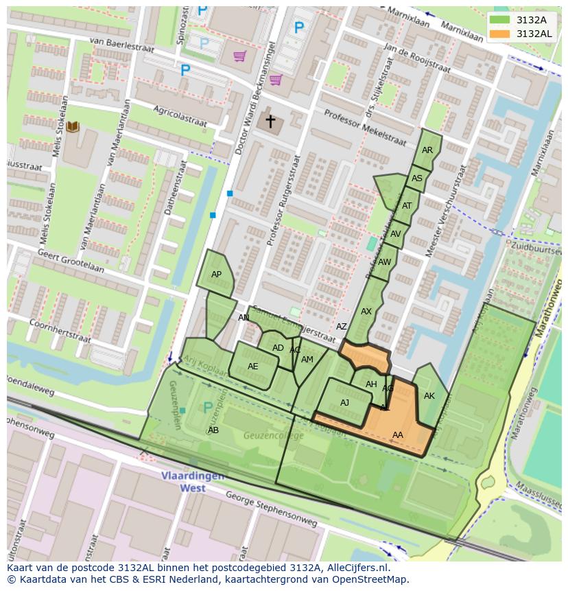 Afbeelding van het postcodegebied 3132 AL op de kaart.