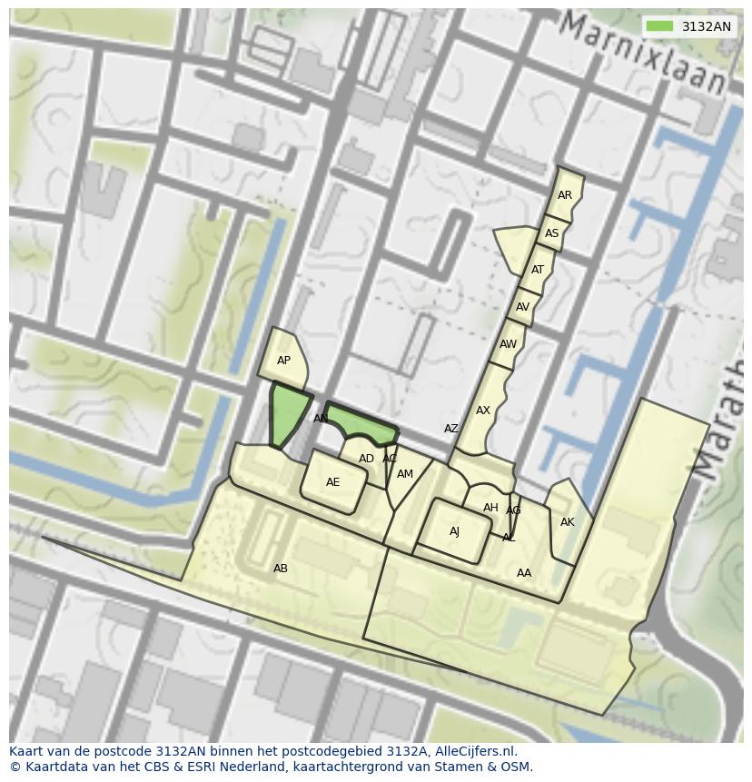 Afbeelding van het postcodegebied 3132 AN op de kaart.