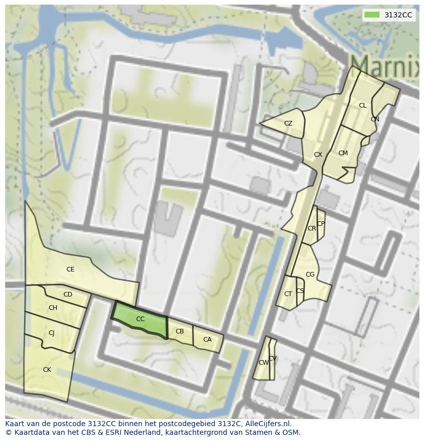 Afbeelding van het postcodegebied 3132 CC op de kaart.