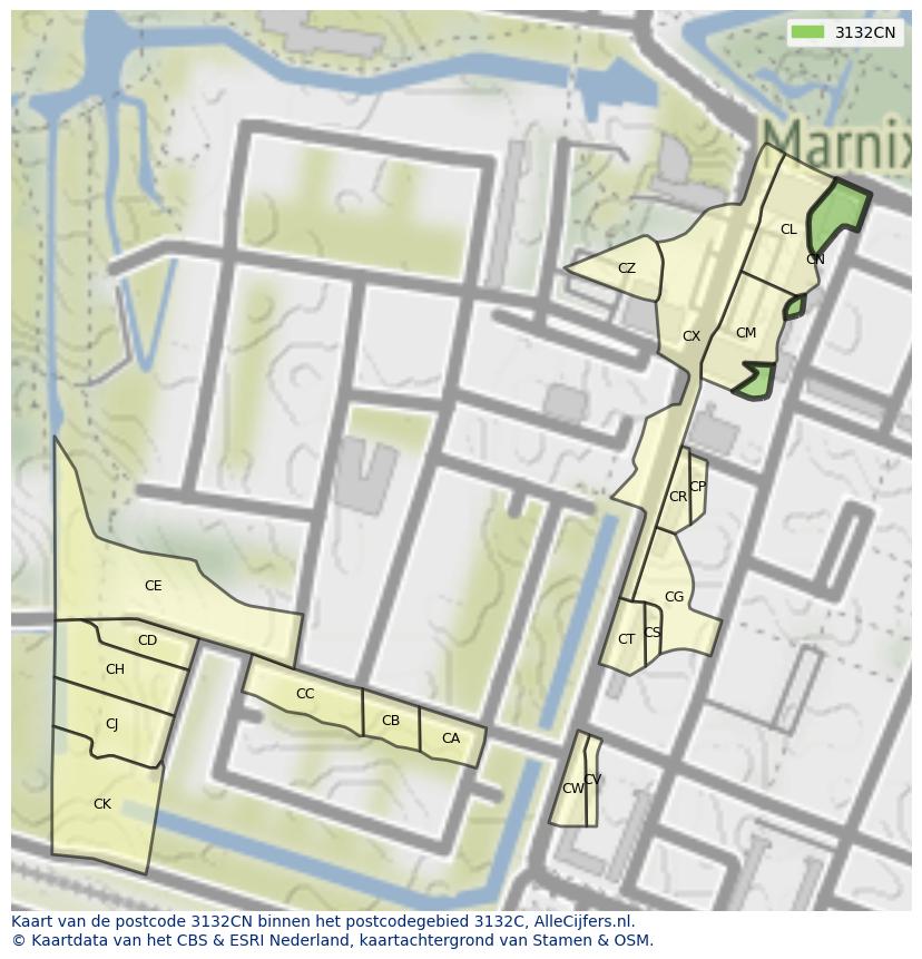 Afbeelding van het postcodegebied 3132 CN op de kaart.