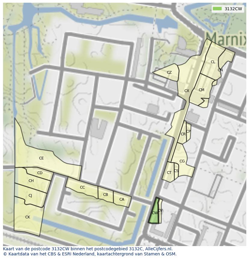 Afbeelding van het postcodegebied 3132 CW op de kaart.