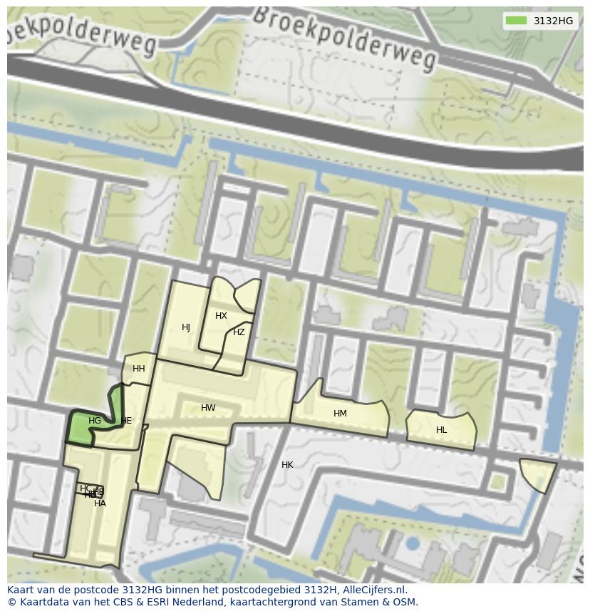 Afbeelding van het postcodegebied 3132 HG op de kaart.
