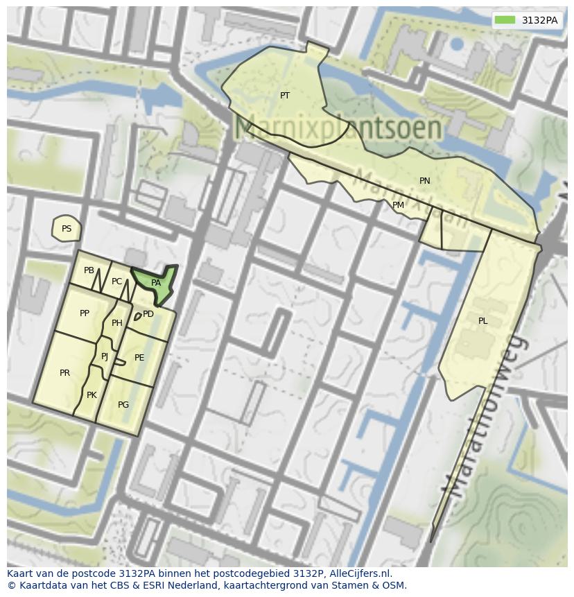 Afbeelding van het postcodegebied 3132 PA op de kaart.