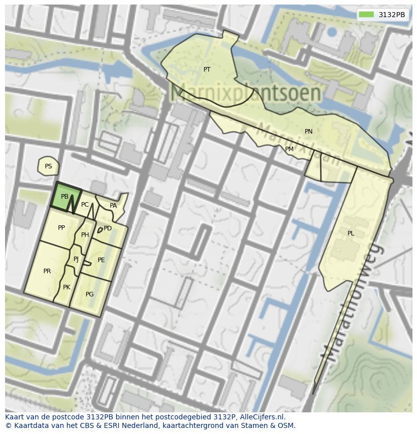 Afbeelding van het postcodegebied 3132 PB op de kaart.