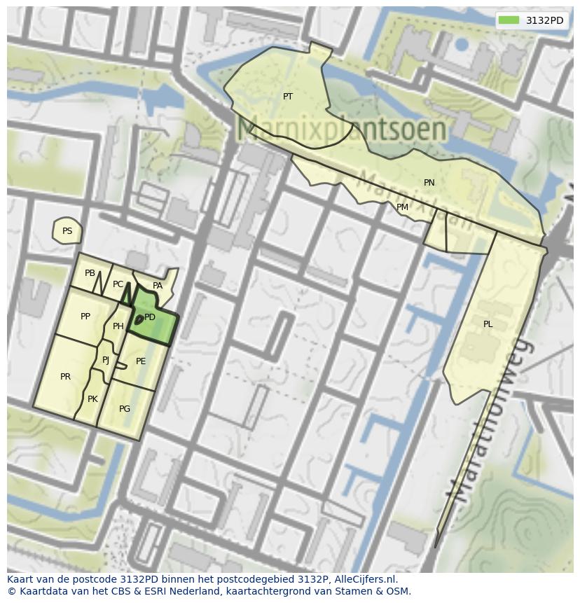 Afbeelding van het postcodegebied 3132 PD op de kaart.