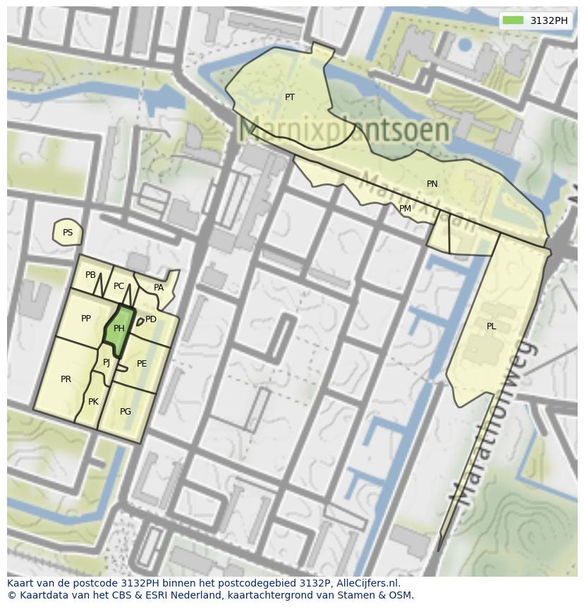 Afbeelding van het postcodegebied 3132 PH op de kaart.