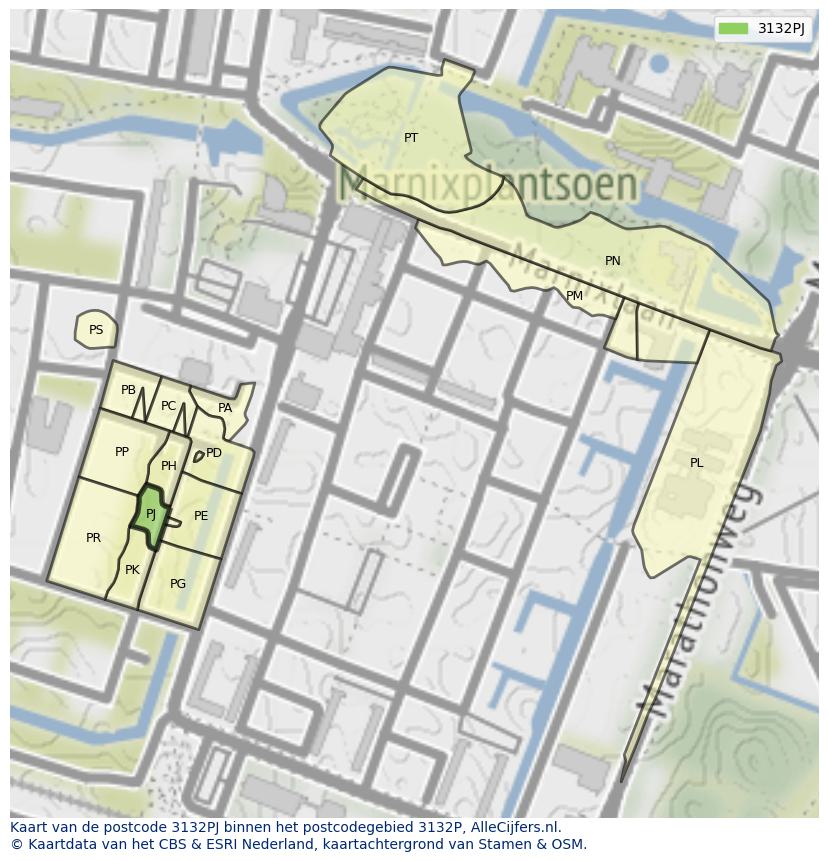 Afbeelding van het postcodegebied 3132 PJ op de kaart.