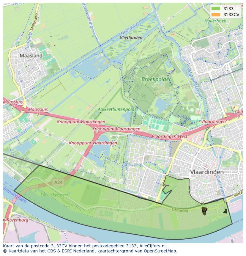 Afbeelding van het postcodegebied 3133 CV op de kaart.