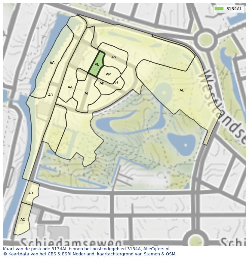 Afbeelding van het postcodegebied 3134 AL op de kaart.