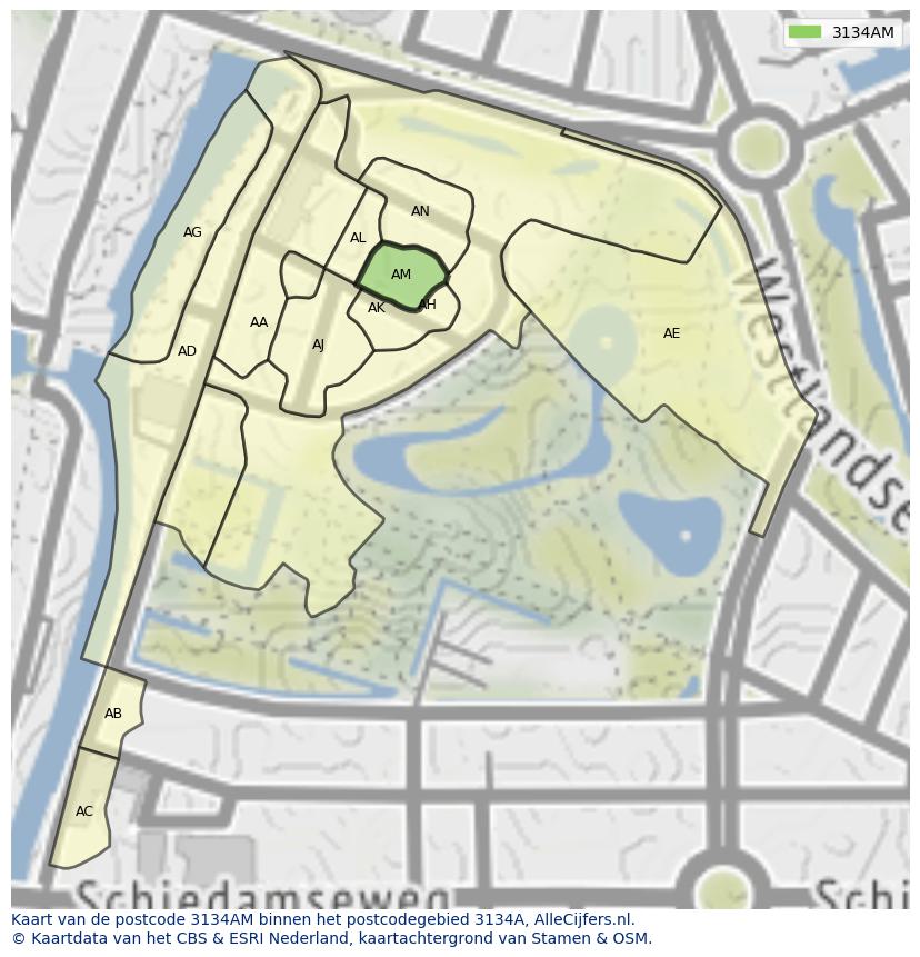 Afbeelding van het postcodegebied 3134 AM op de kaart.