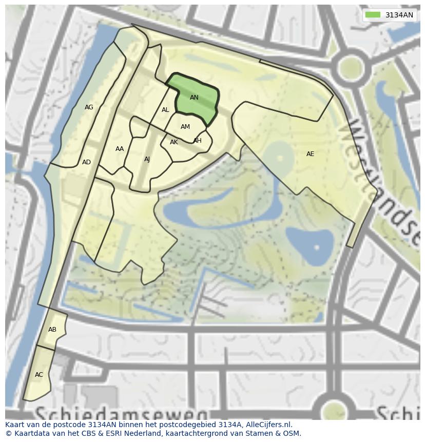 Afbeelding van het postcodegebied 3134 AN op de kaart.