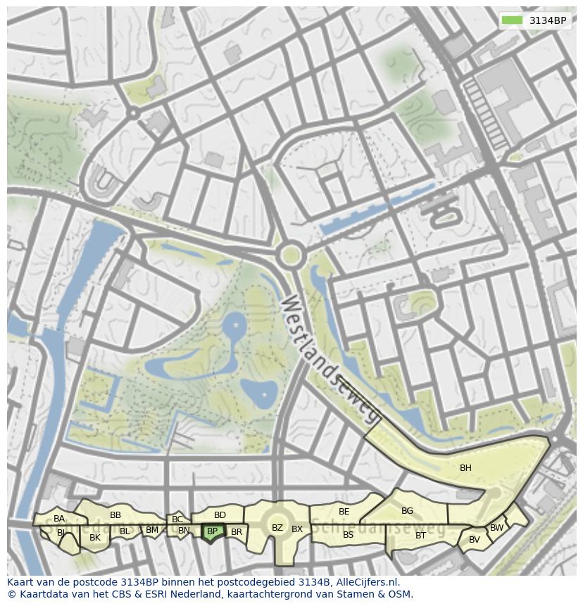 Afbeelding van het postcodegebied 3134 BP op de kaart.