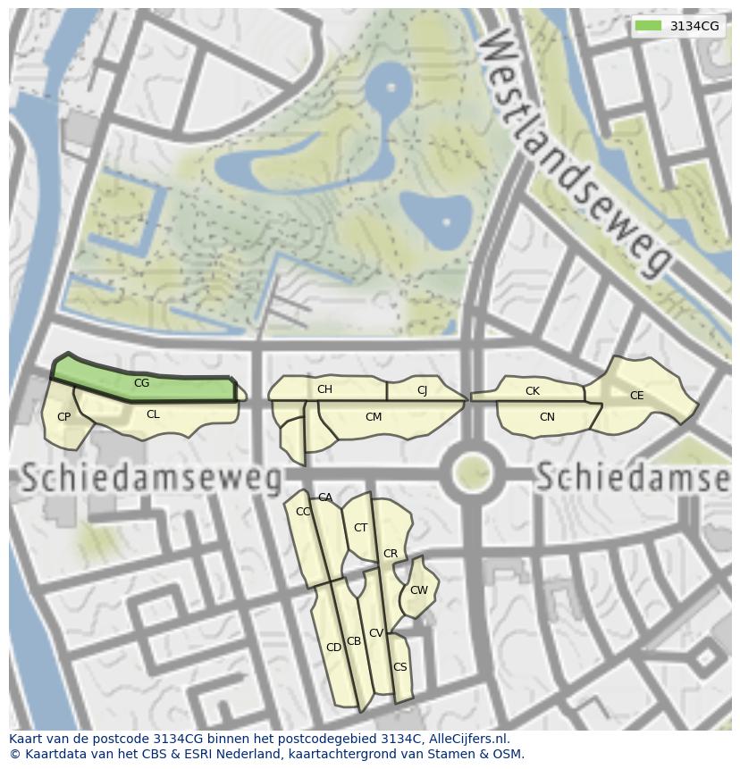 Afbeelding van het postcodegebied 3134 CG op de kaart.