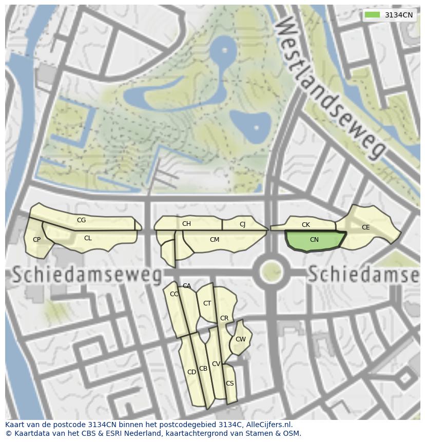 Afbeelding van het postcodegebied 3134 CN op de kaart.