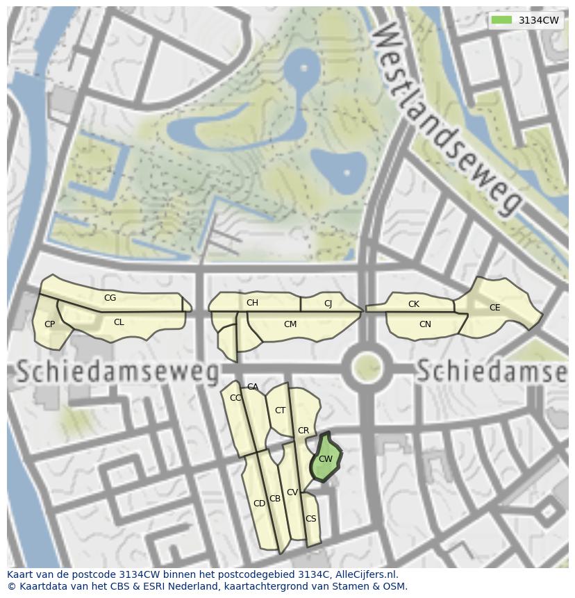 Afbeelding van het postcodegebied 3134 CW op de kaart.