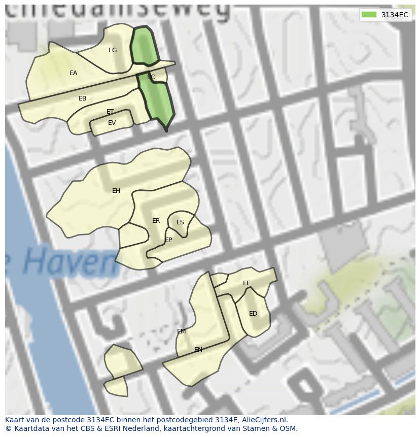 Afbeelding van het postcodegebied 3134 EC op de kaart.