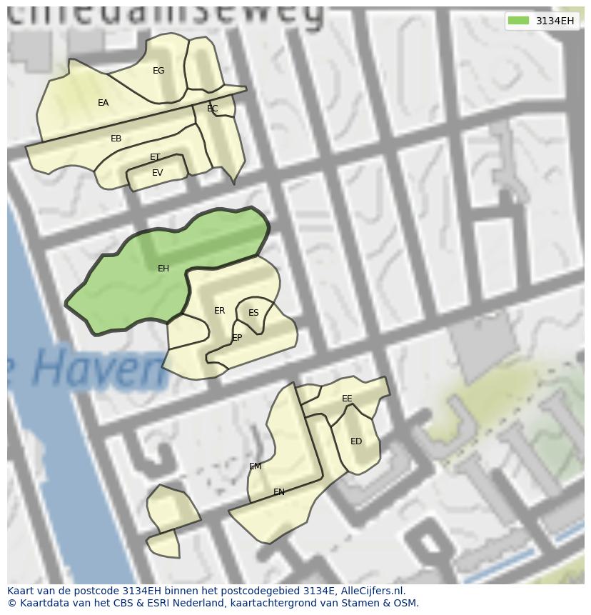 Afbeelding van het postcodegebied 3134 EH op de kaart.