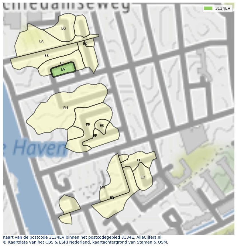 Afbeelding van het postcodegebied 3134 EV op de kaart.